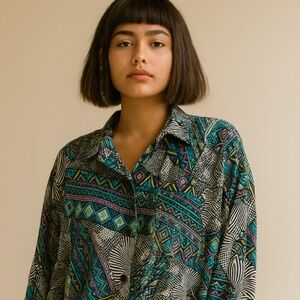 Vintage abstract print geometric button down shirt short sleeve unique 80s 90s